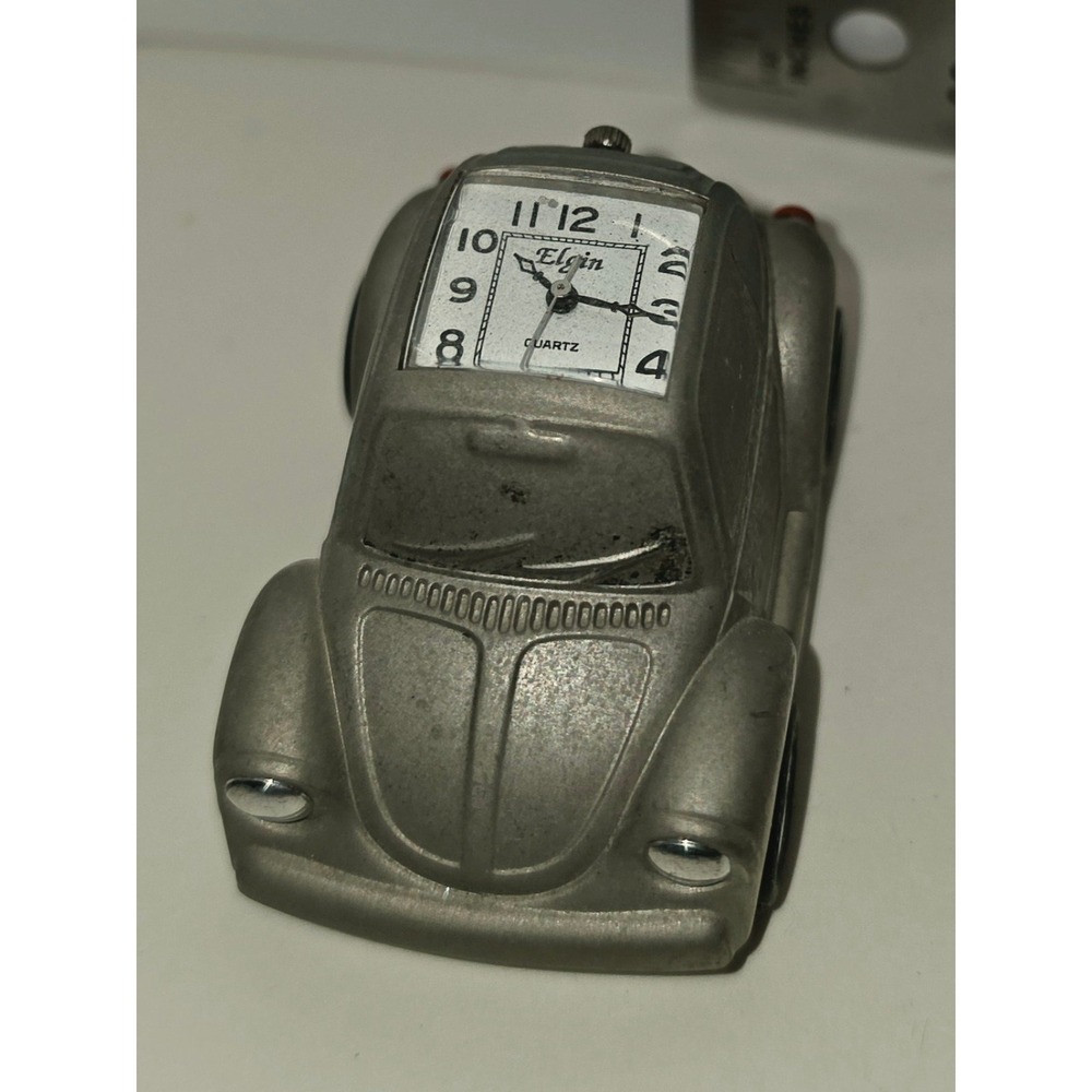Elgin brand silver-toned miniature desk clock Volkswagen Beetle car Bug‎